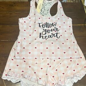 Pink & Red Heart Plaid Racerback Pajama Set with Lace